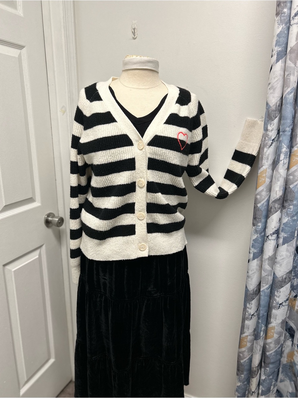 Black & cream striped cardigan with heart motif